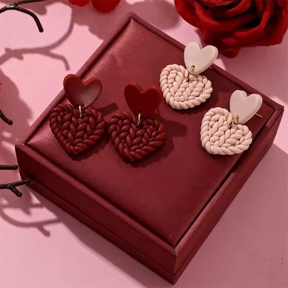 2-Pair Knit Heart Two-Tier Dangle Stud - Handmade Earrings